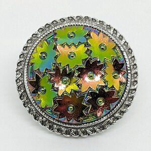 Vintage W. Germany AB Floral Silver-Tone Scarf Clip Iridescent Flowers